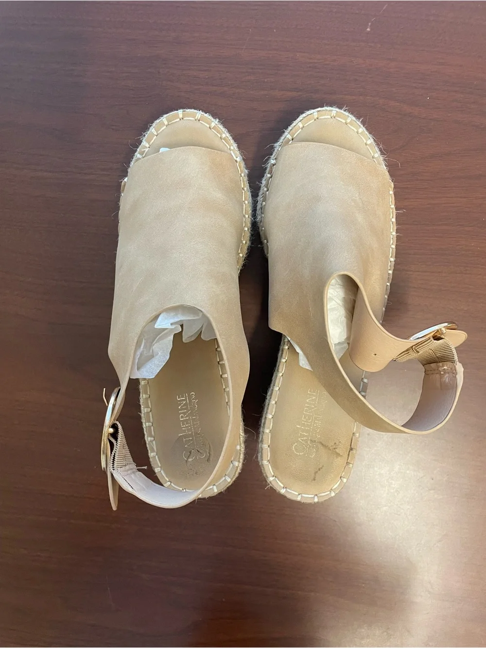 Catherine Malandrino Tan Open-Toe Wedge Espadrille with Gold Buckle